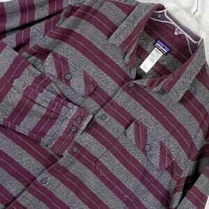 Patagonia Fjord Flannel Shirt Mens XL Gray Purple Striped Preppy Outdoors Hiking